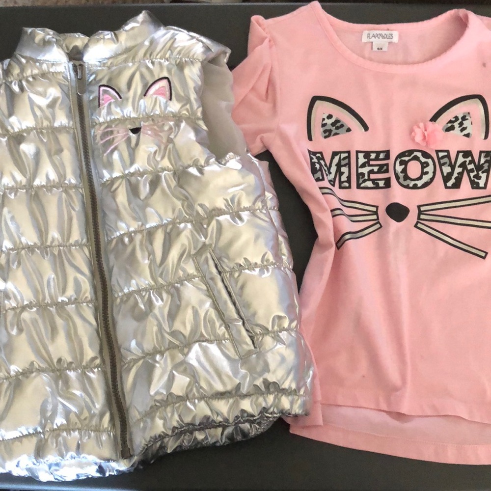 Long sleeve cat tee with matching cat puffy vest